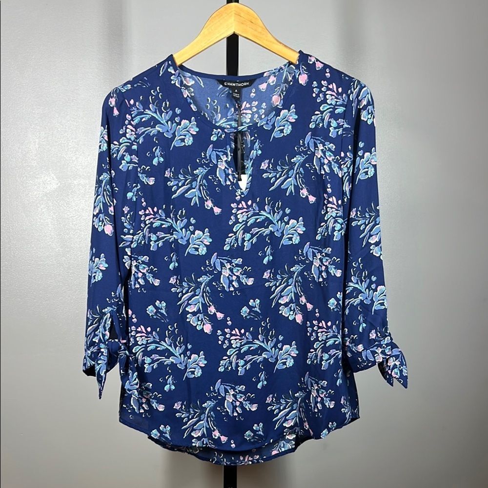 41 Hawthorn Blue Mandarin Collar Floral Blouse Relaxed Fit